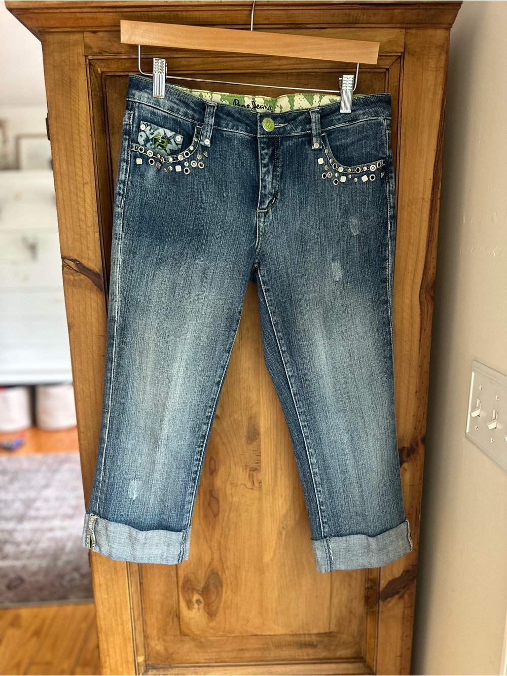 Pepe Jeans London Blue Stud-Embellished Cropped Denim Capris